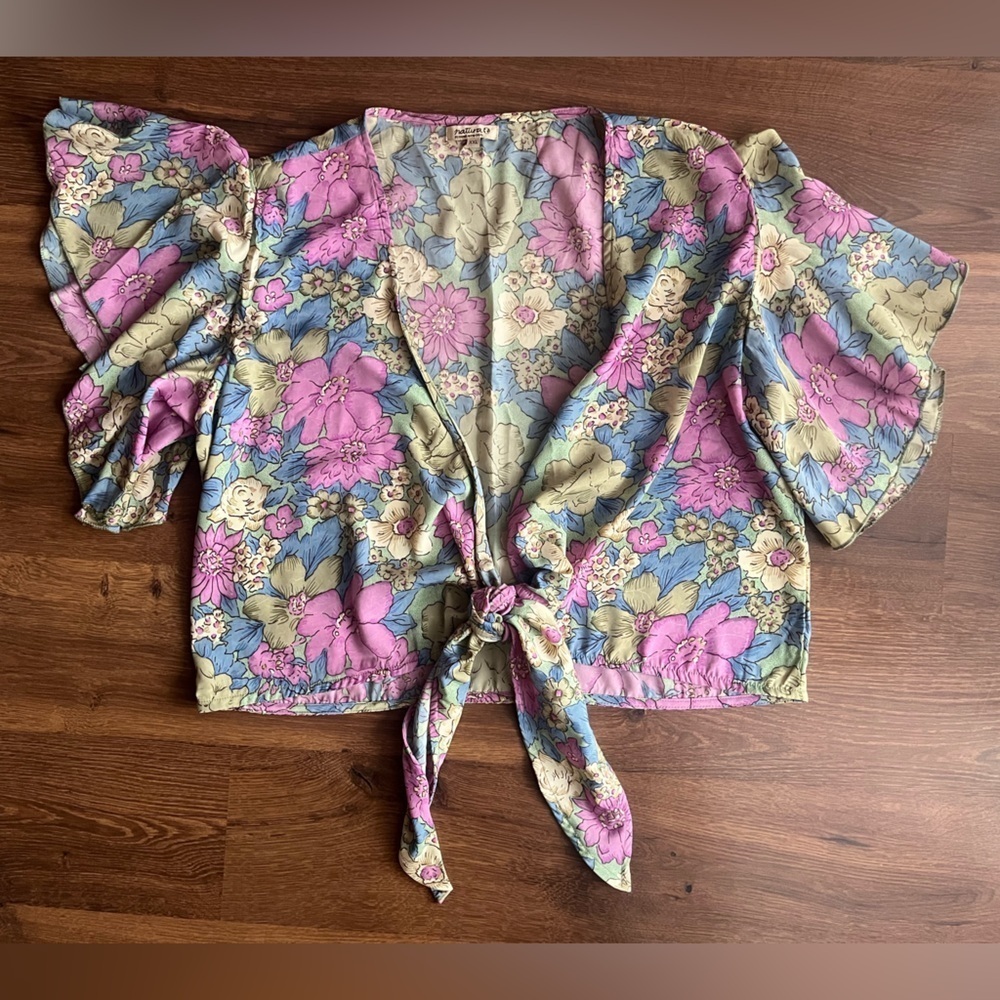 Floral tie front wrap blouse